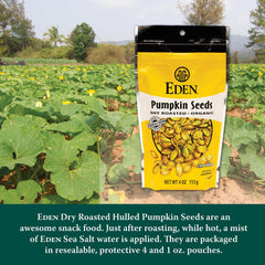Six-pack Eden pumpkin seeds packaging shown for sharing