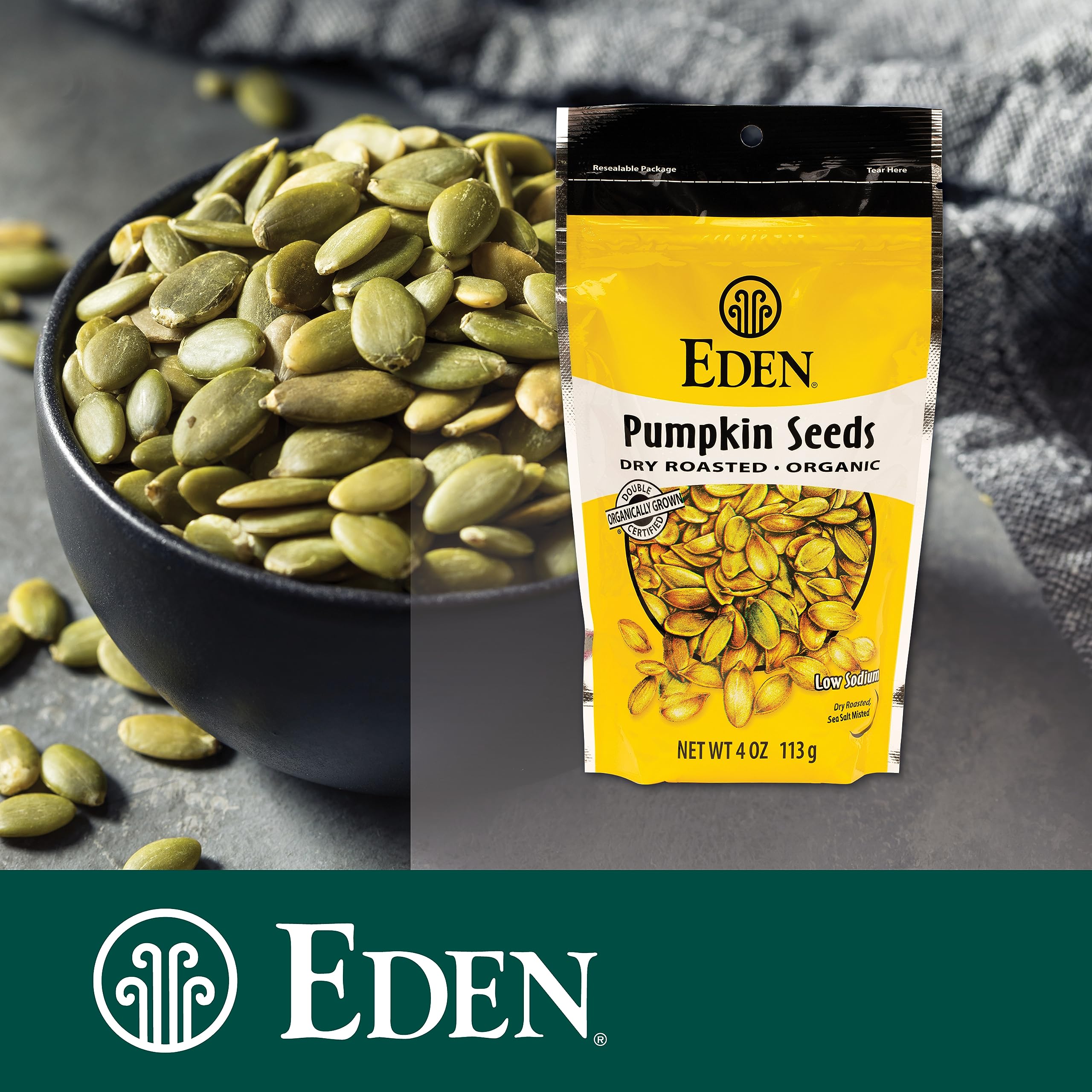 Resealable Eden pumpkin seeds pouch keeps crunch fresh