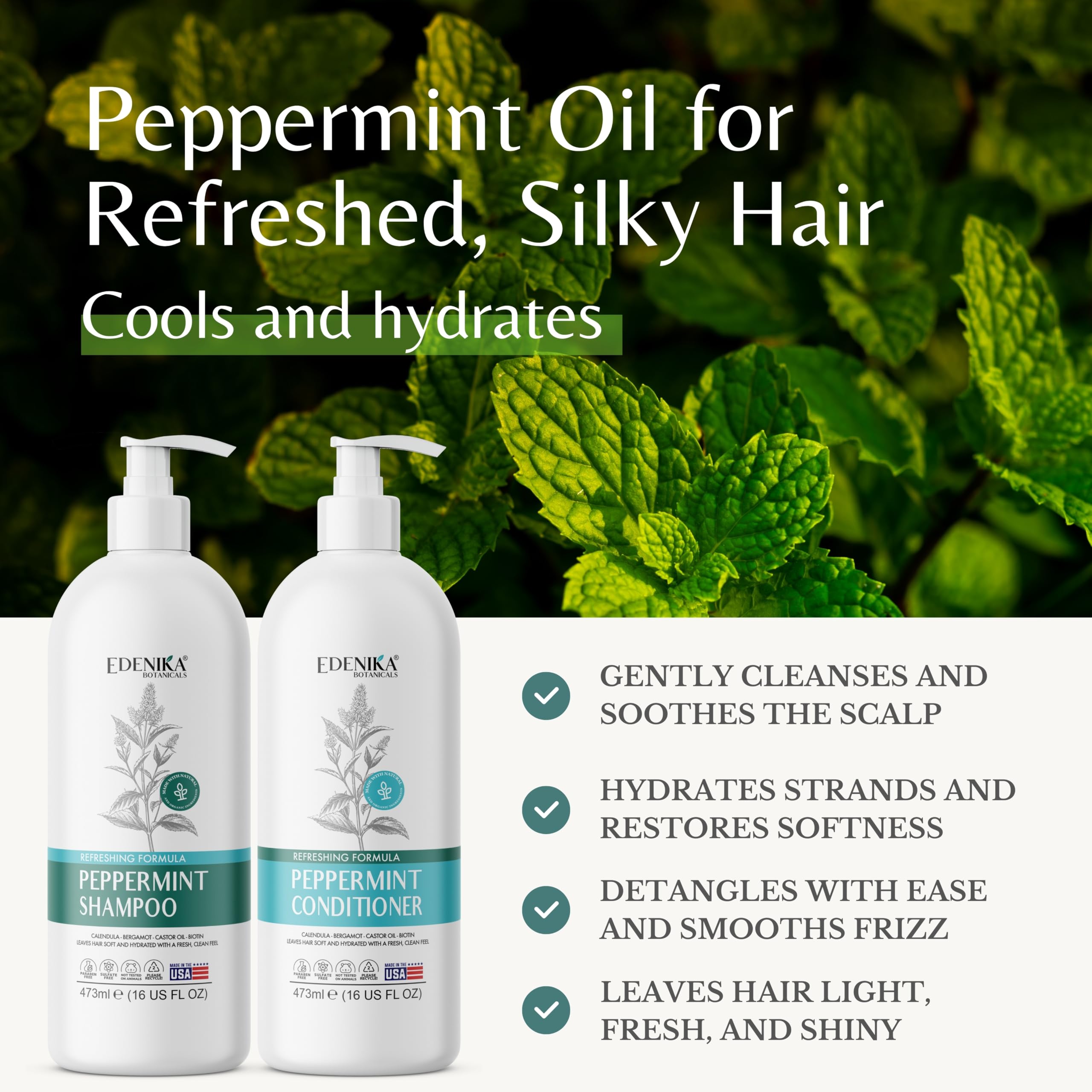 EDENIKA BOTANICALS peppermint conditioner bottle front for detangling and shine