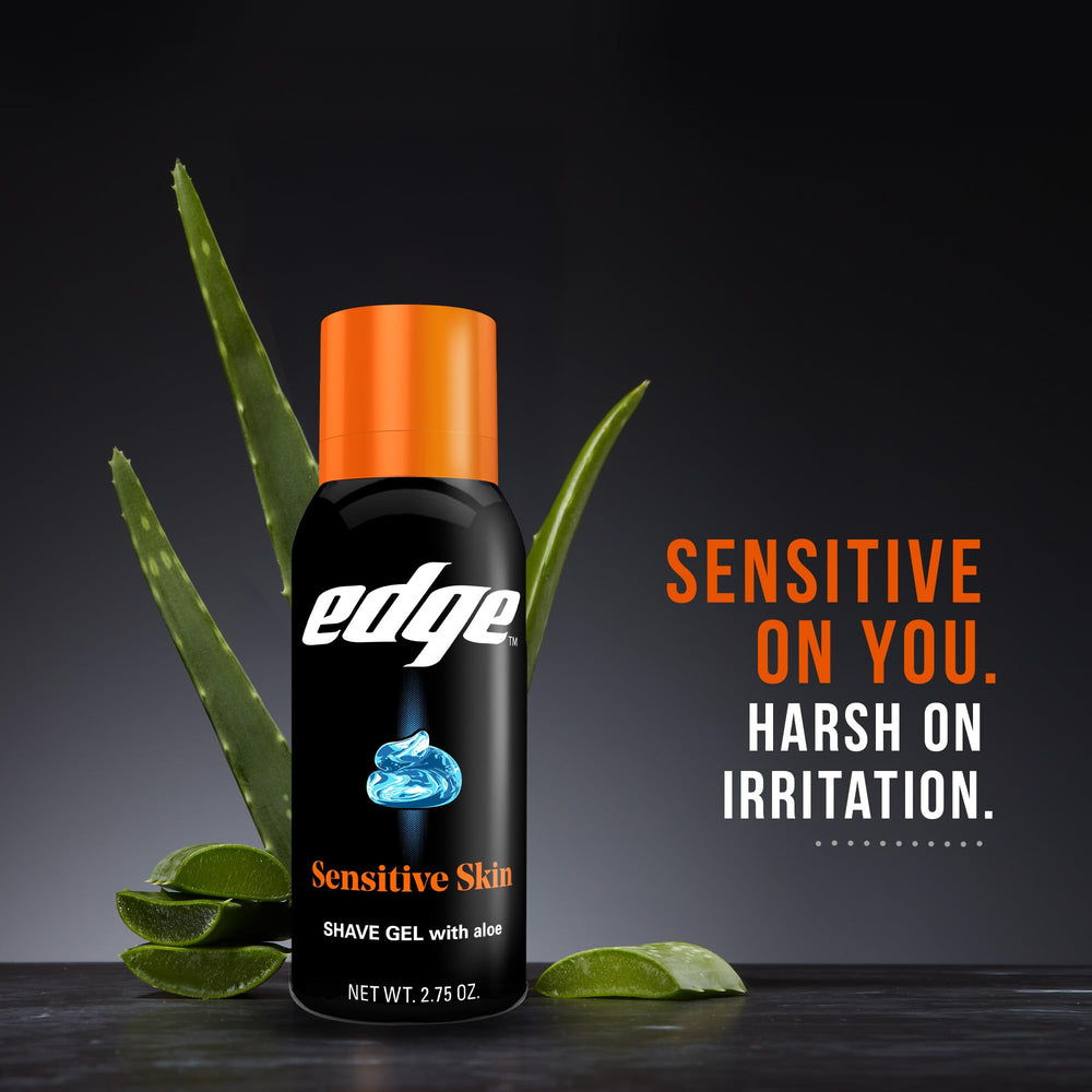 Aloe-enriched Edge gel close-up emphasizes moisturizing formula to protect skin.