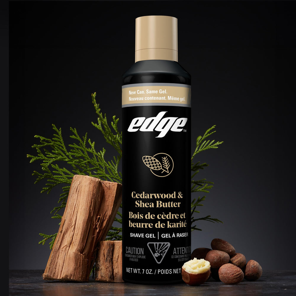 Edge Shave Gel cedarwood scent with shea butter suggests a refreshing daily routine