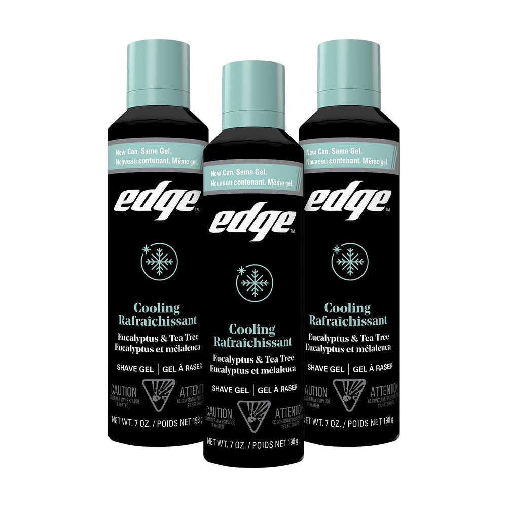 Edge Shave Gel bottle with eucalyptus-tea-tree foam showing soothing, cooling action for a smooth shave