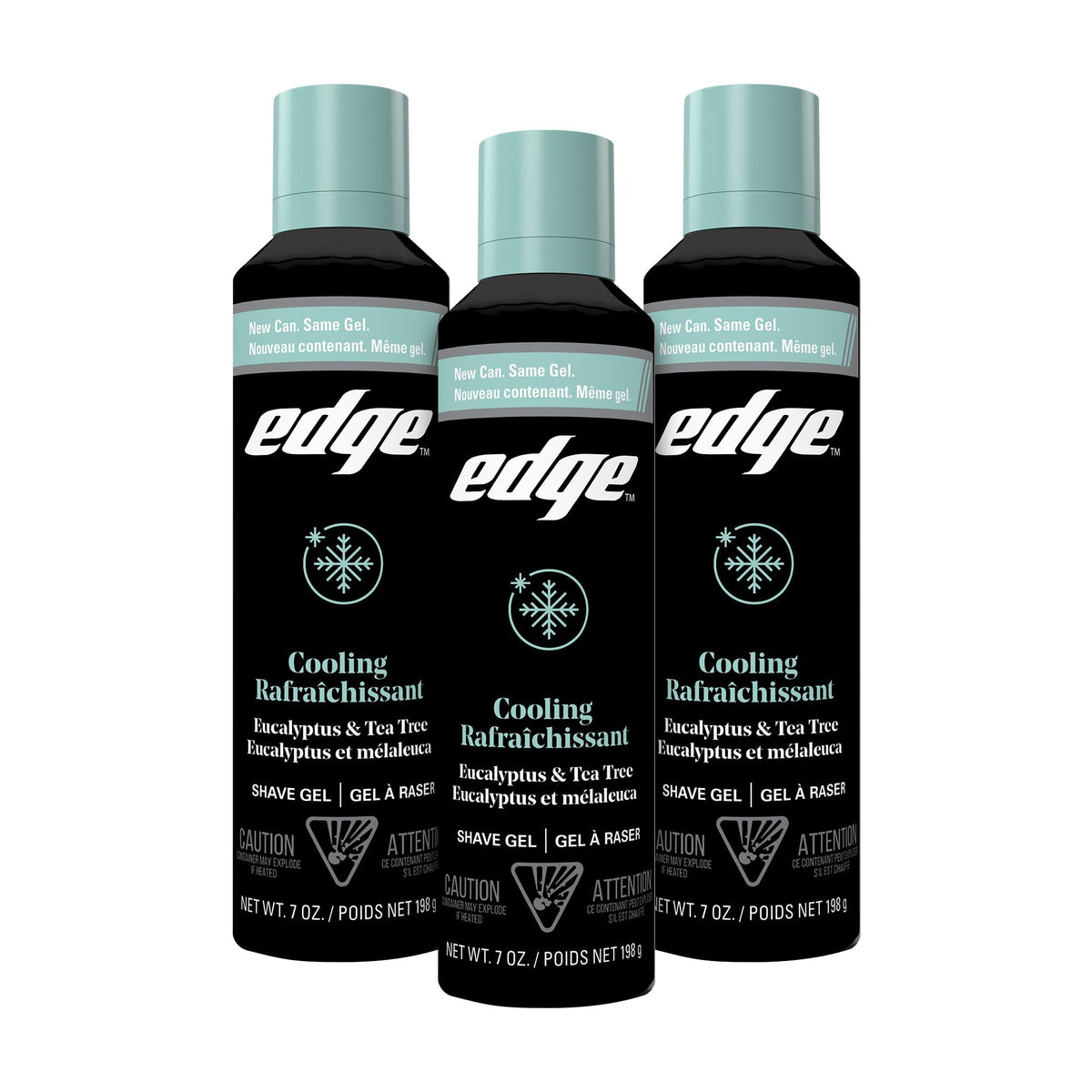Edge Shave Gel bottle with eucalyptus-tea-tree foam showing soothing, cooling action for a smooth shave