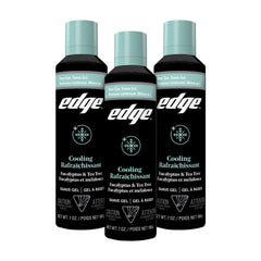 Edge Shave Gel bottle with eucalyptus-tea-tree foam showing soothing, cooling action for a smooth shave