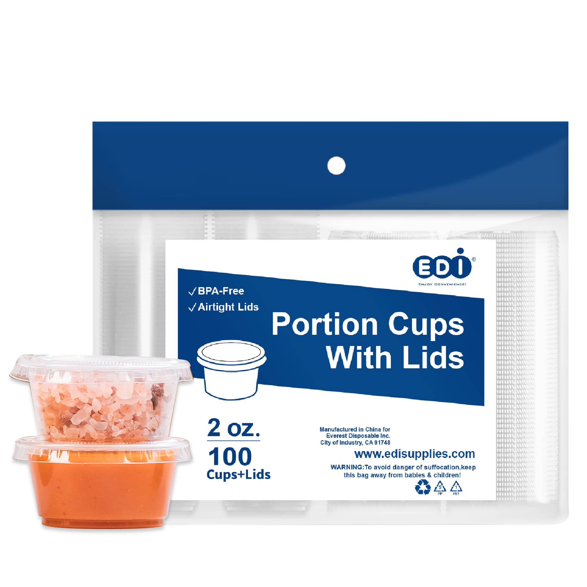 EDI clear 2 oz disposable cups with leakproof lids for spill-free transport