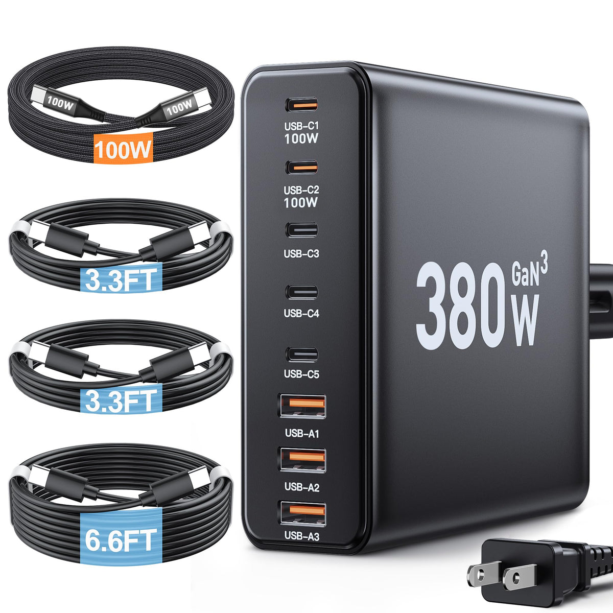 Ediliow 380W USB-C charger block front view for multitask charging.