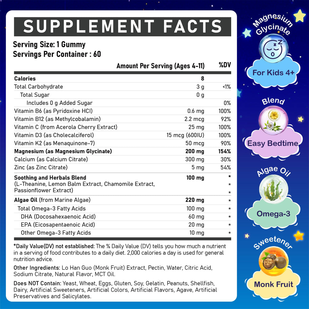 Edmmyliy Kids Magnesium Gummies bottle-back shows 200mg magnesium glycinate.