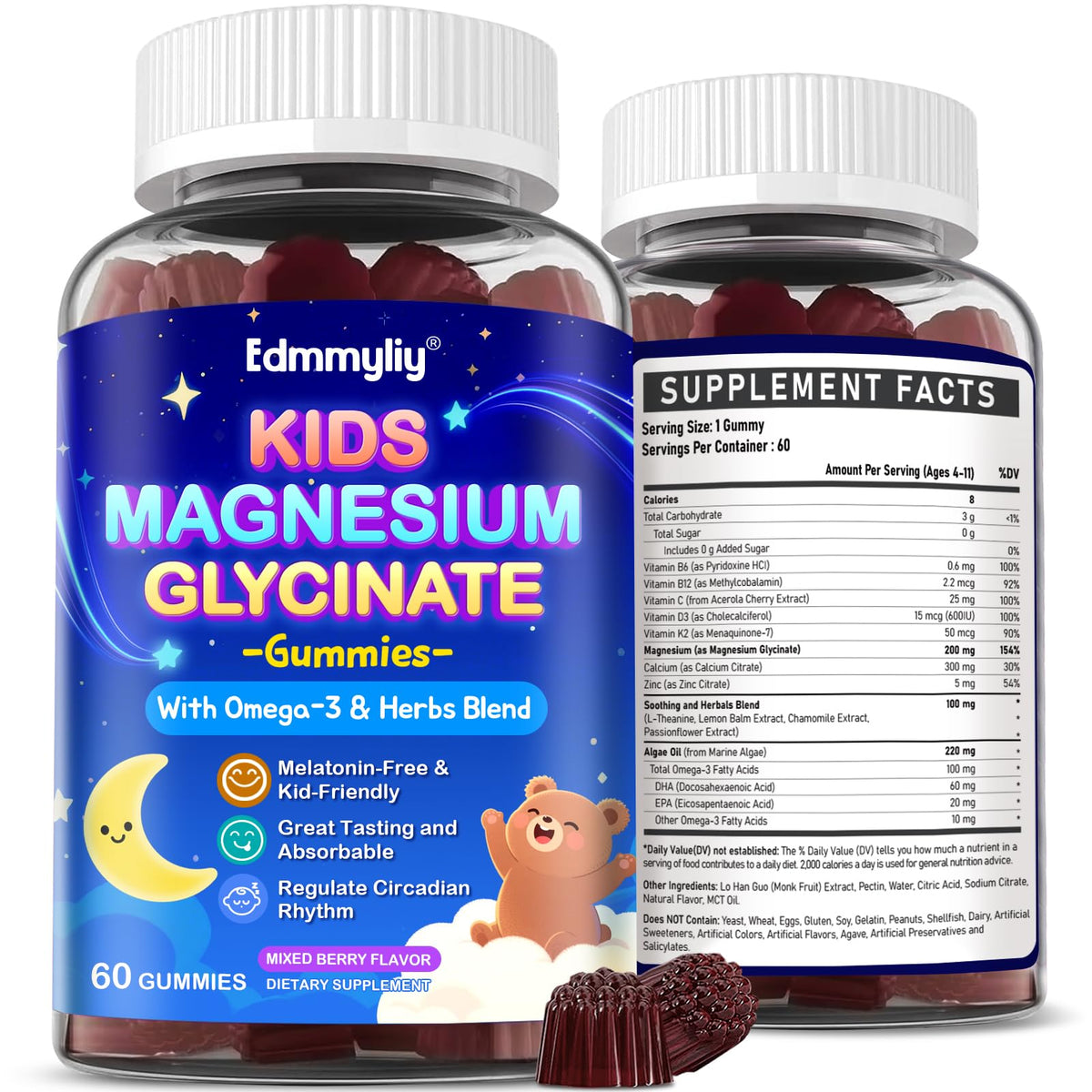 Edmmyliy Kids Magnesium Gummies bottle-front berry flavor supports calm bedtimes.