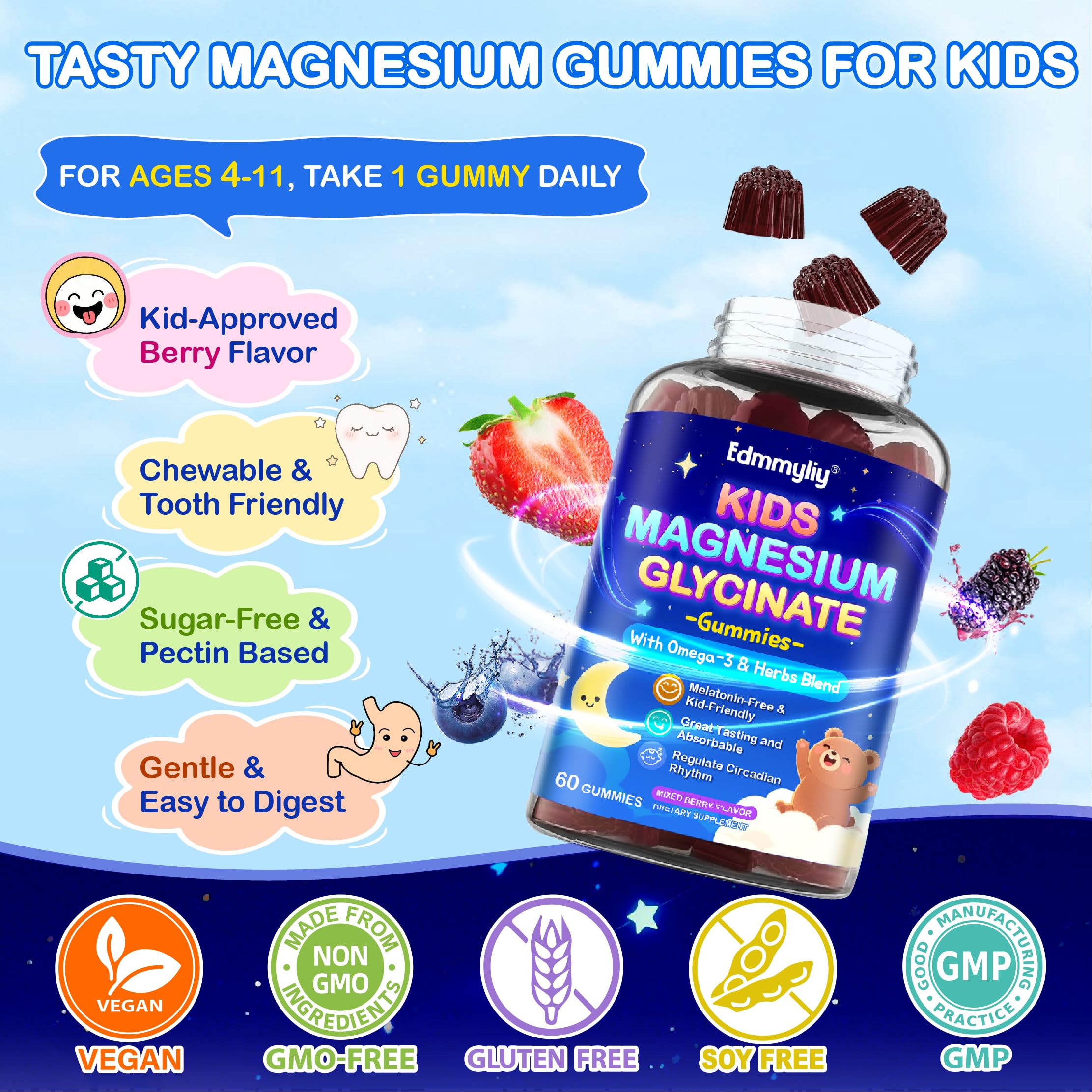 Edmmyliy Kids Magnesium Gummies omega-3 label emphasizes vegan nutrients.
