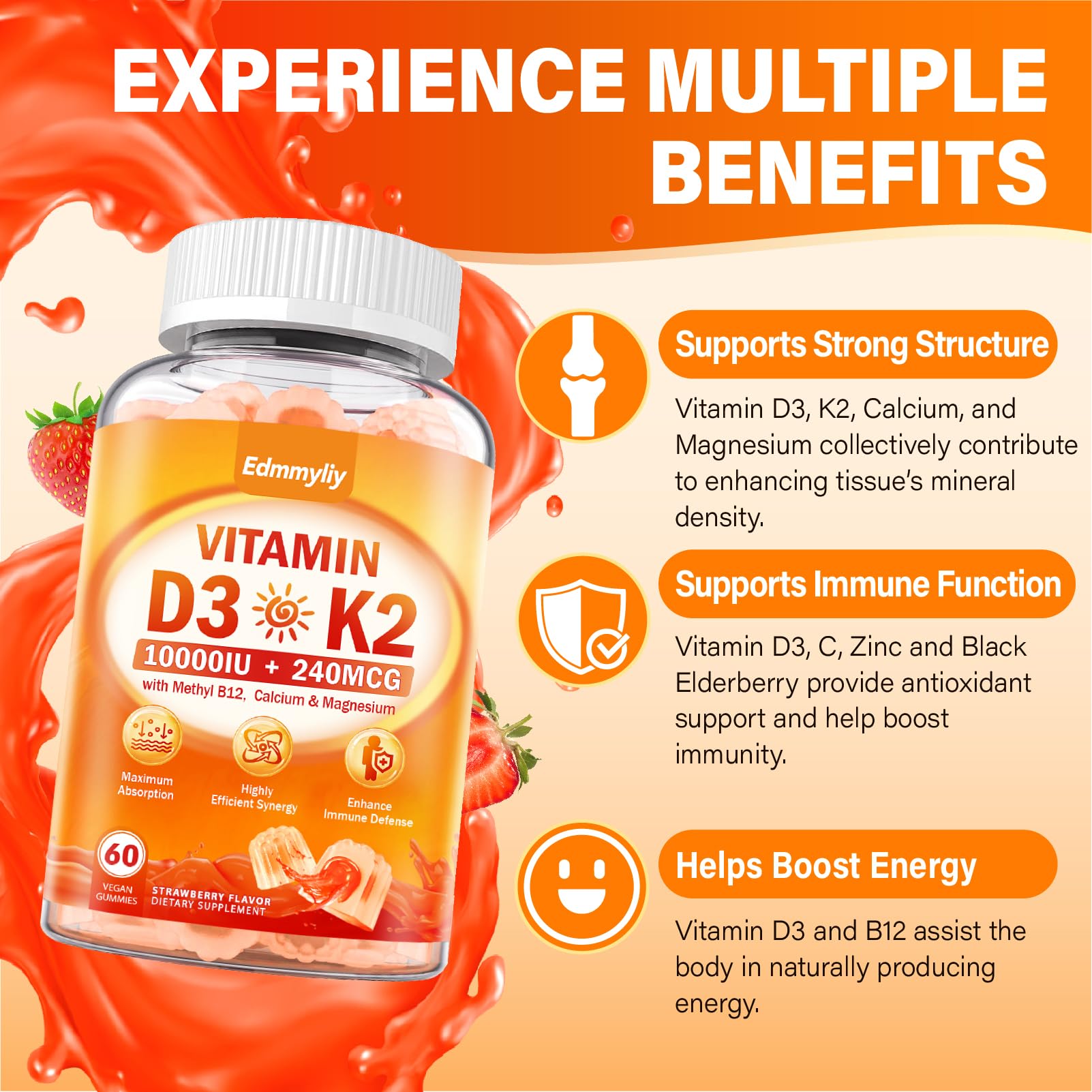 Edmmyliy Vitamin D3 K2 gummies natural strawberry flavor for a tasty daily chew.