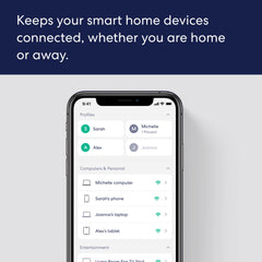 eero 6+ router in living room handling 75+ devices for streaming and calls.