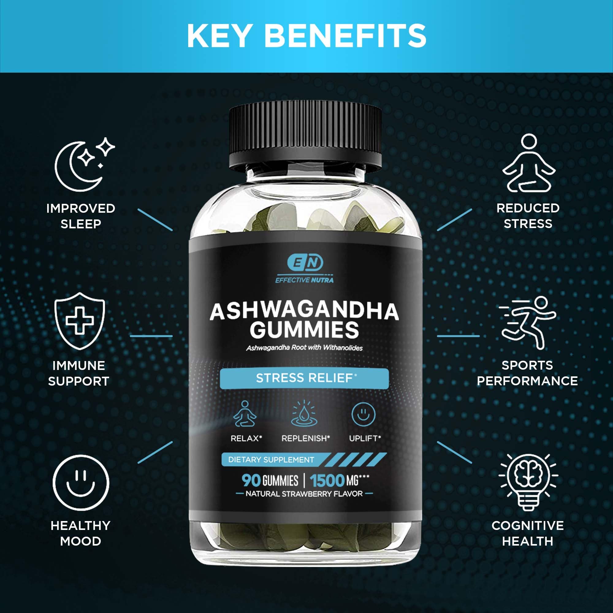 Effective Nutra Ashwagandha Gummies close-up of strawberry gummies for daily calm.