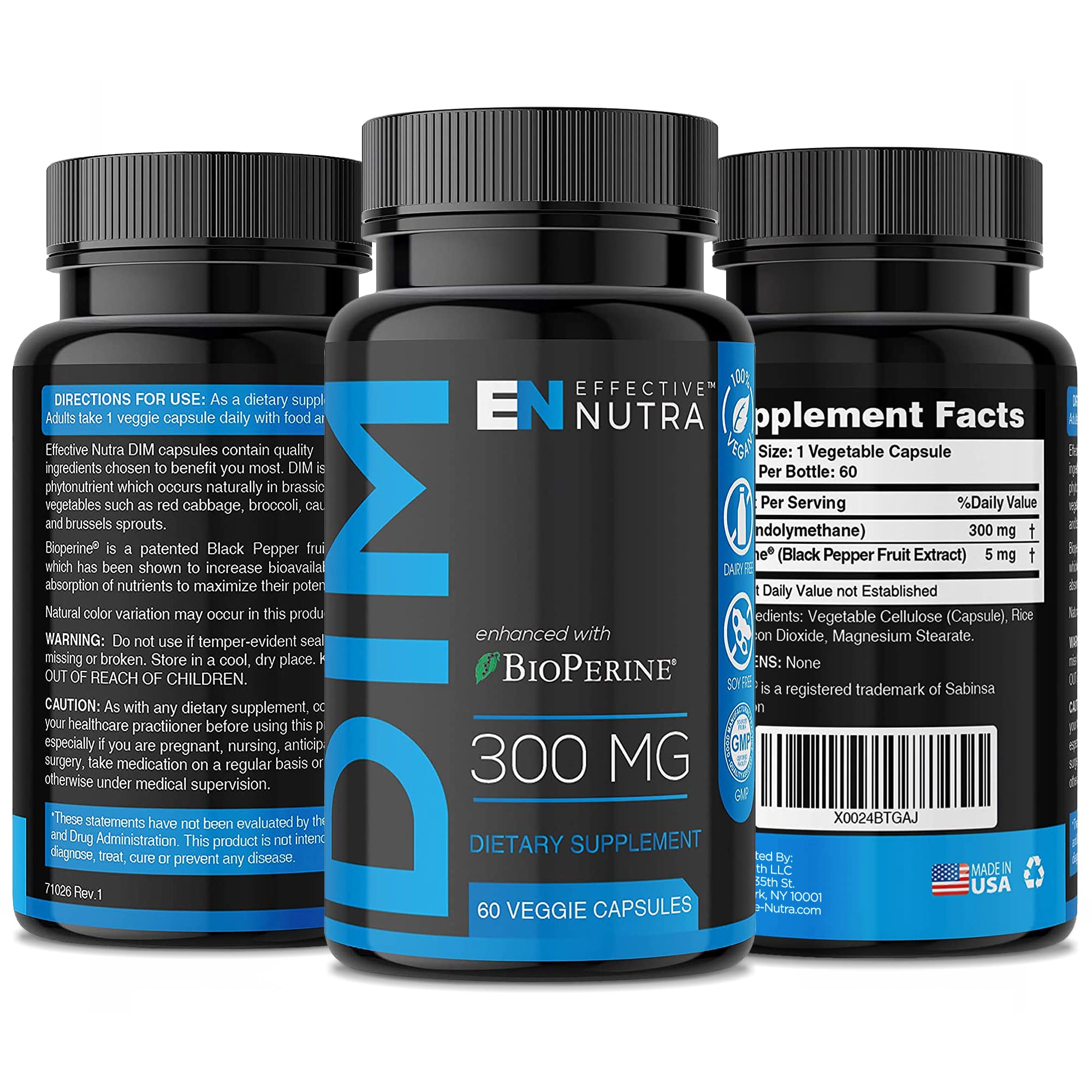 Made in USA seal and third-party testing badge on Effective Nutra product