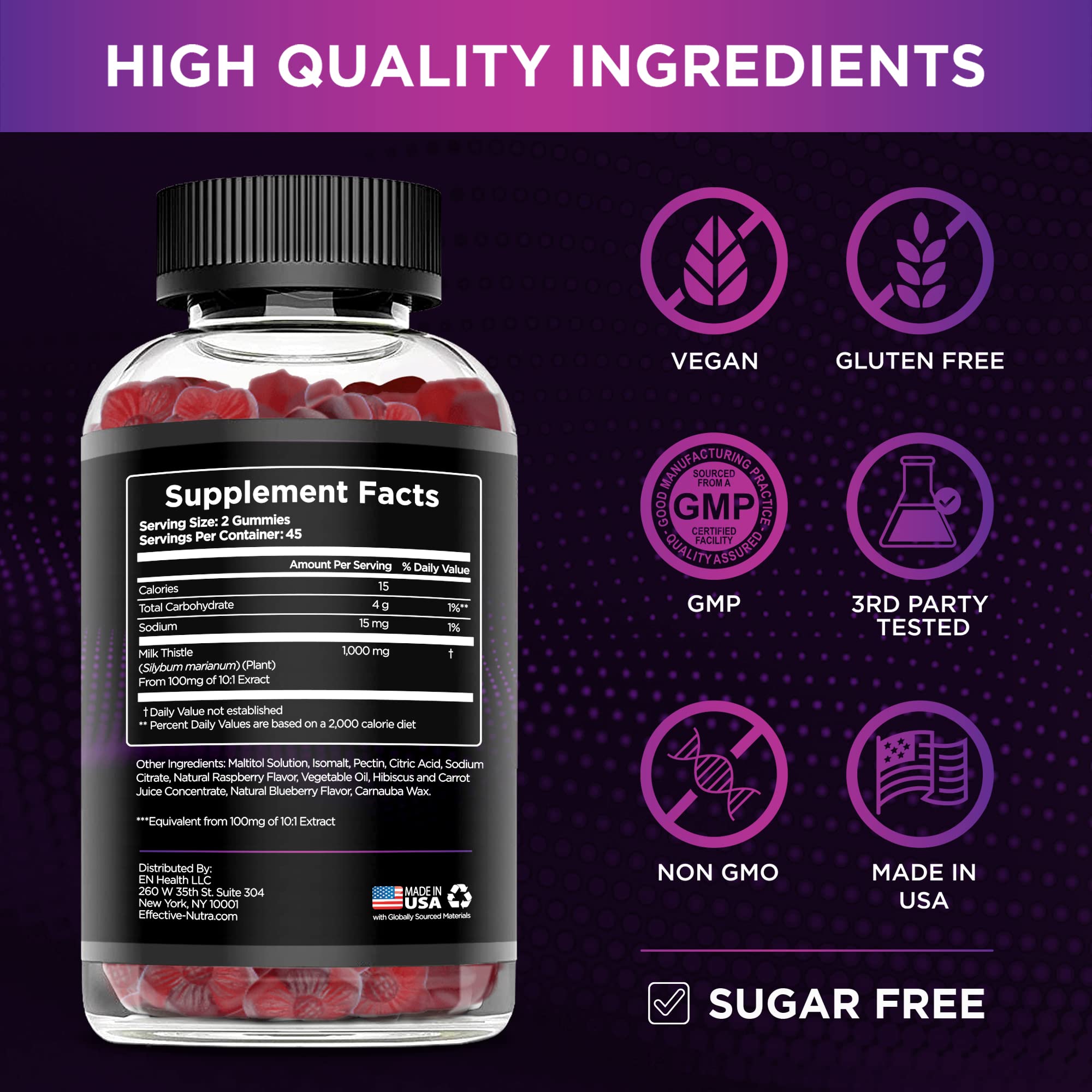 Effective Nutra Milk Thistle Gummies berry flavor label highlights natural taste.