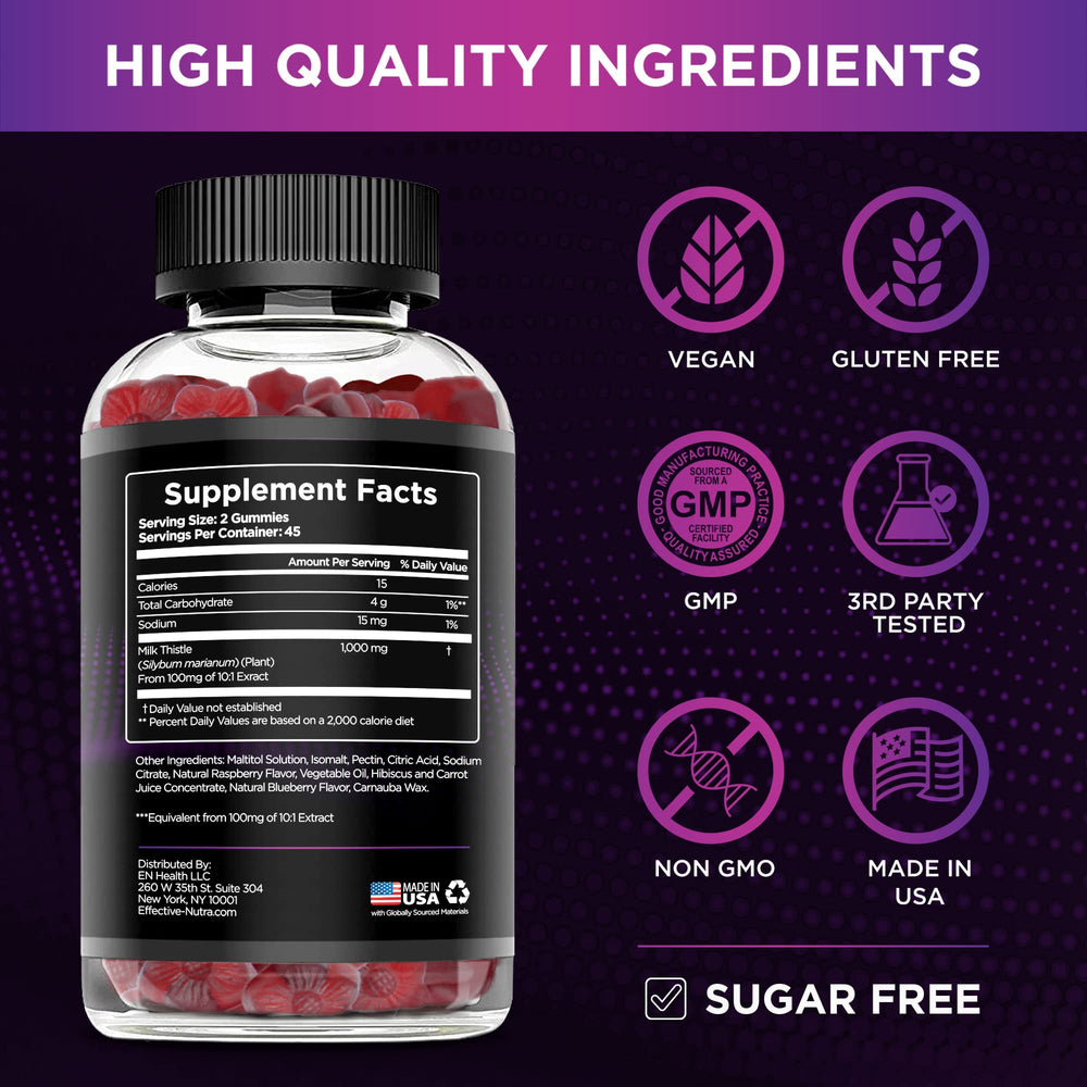 Effective Nutra Milk Thistle Gummies berry flavor label highlights natural taste.