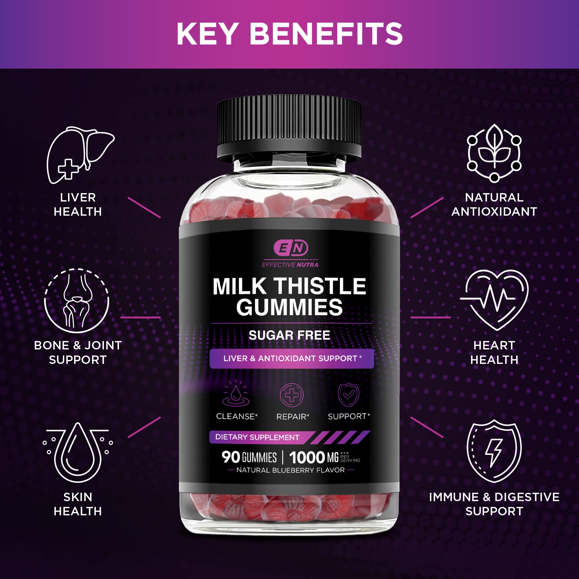 Effective Nutra Milk Thistle Gummies nutrition panel shows 1000mg per serving for antioxidant support.