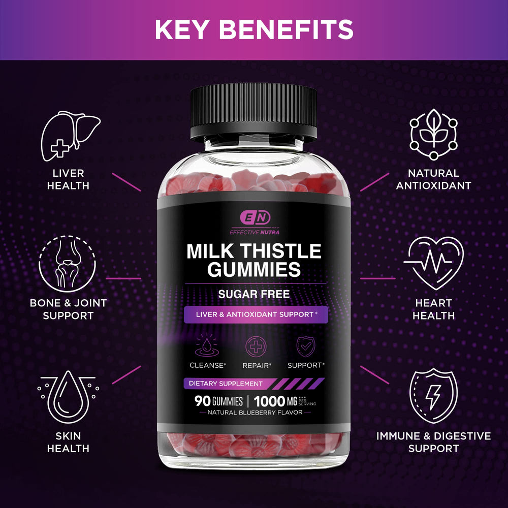 Effective Nutra Milk Thistle Gummies nutrition panel shows 1000mg per serving for antioxidant support.