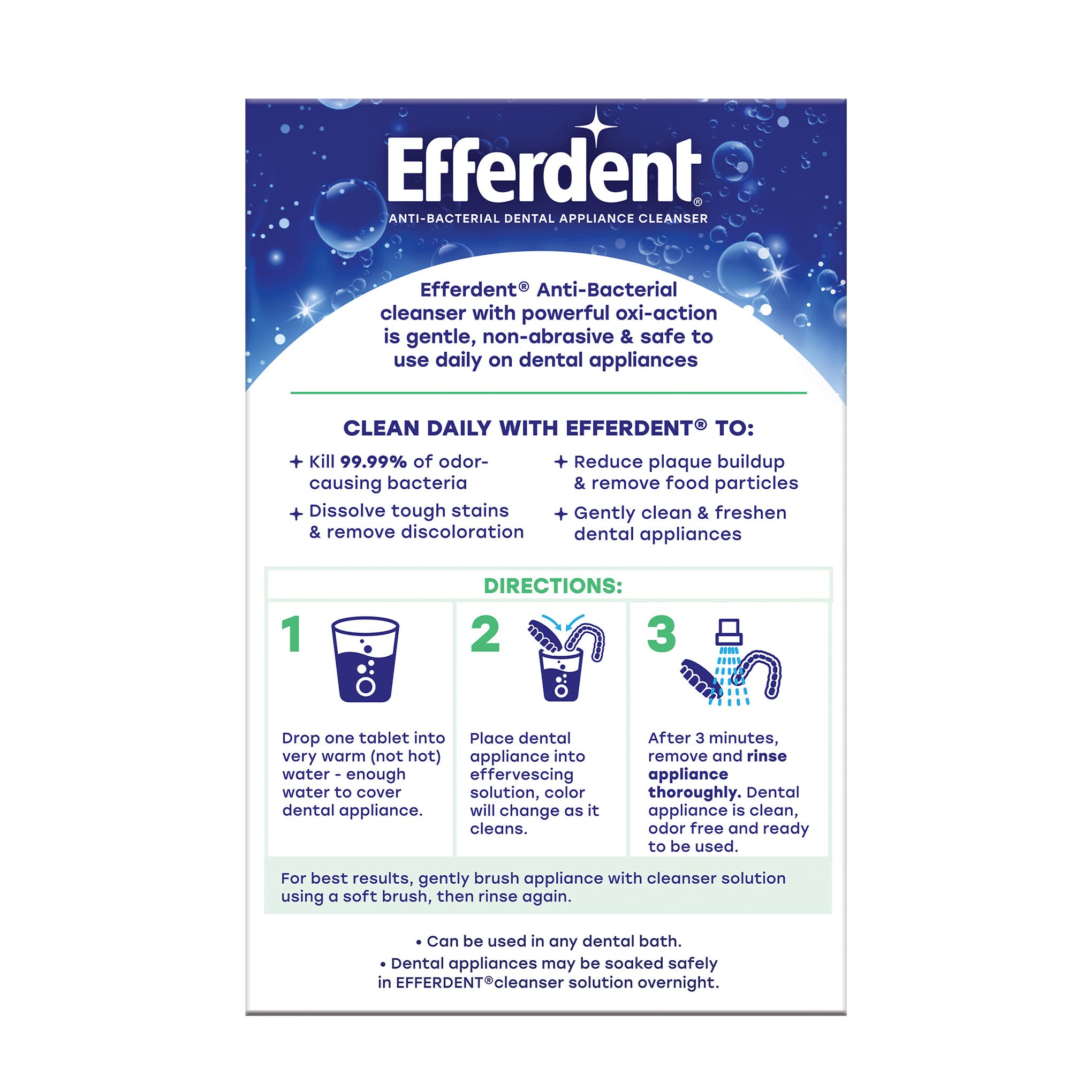 Efferdent 90-tablet pack supports daily cleaning of dental appliances.