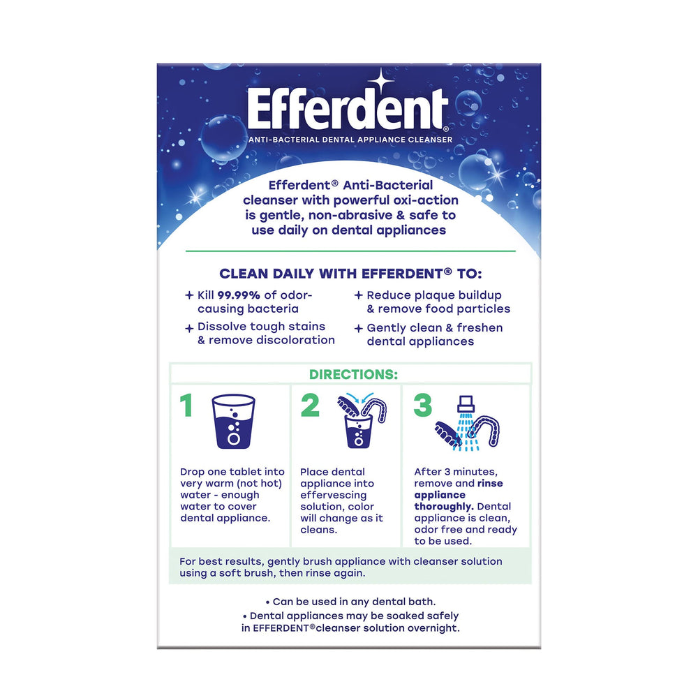 Efferdent 90-tablet pack supports daily cleaning of dental appliances.