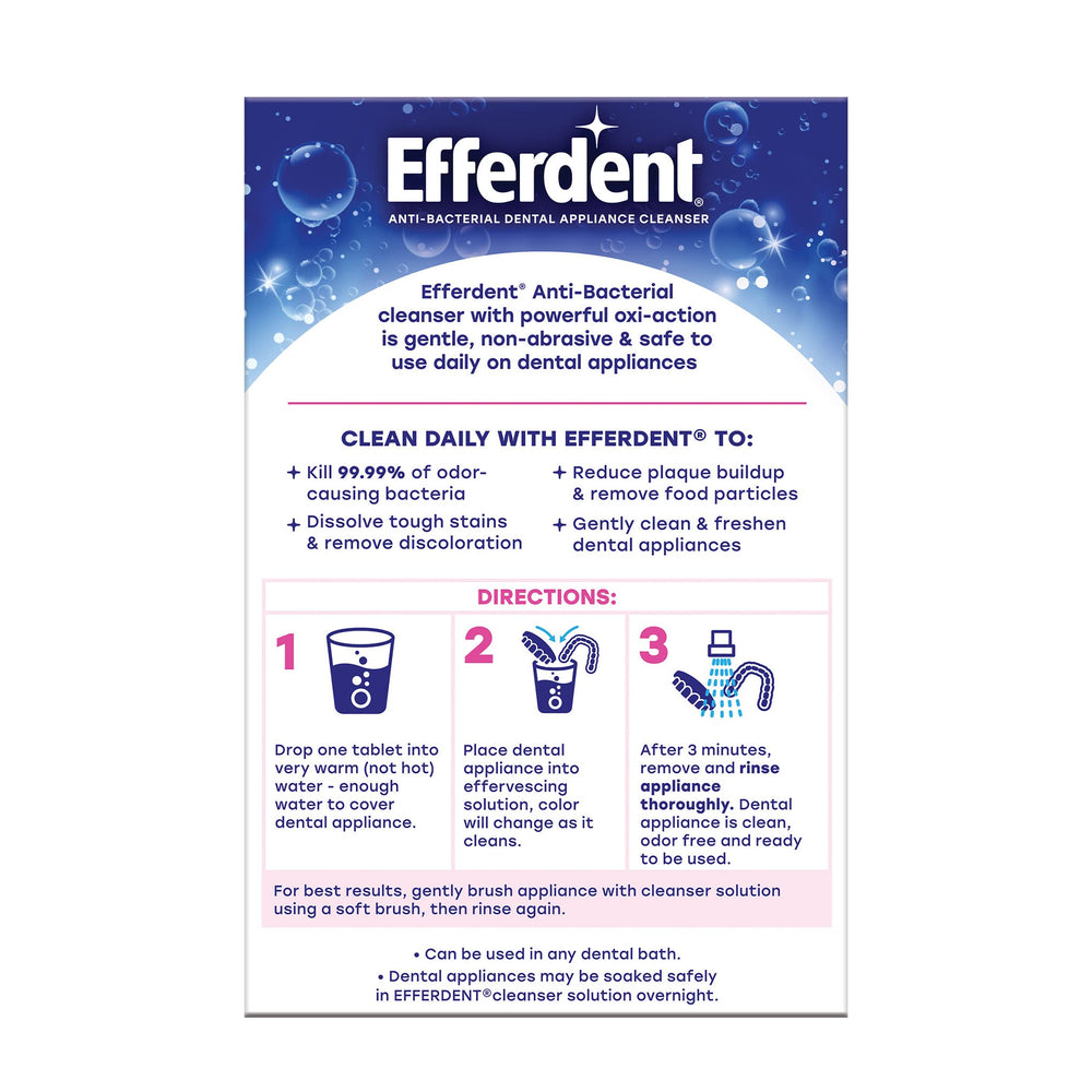 Efferdent ADA-accepted cleaner for dentures and retainers.