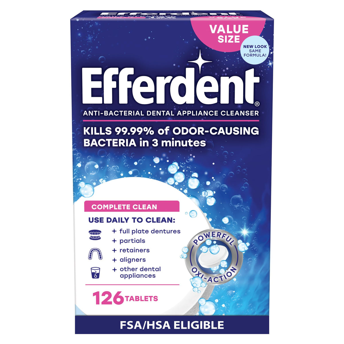 Efferdent Complete Clean tablets in a box for daily denture and retainer cleaning.