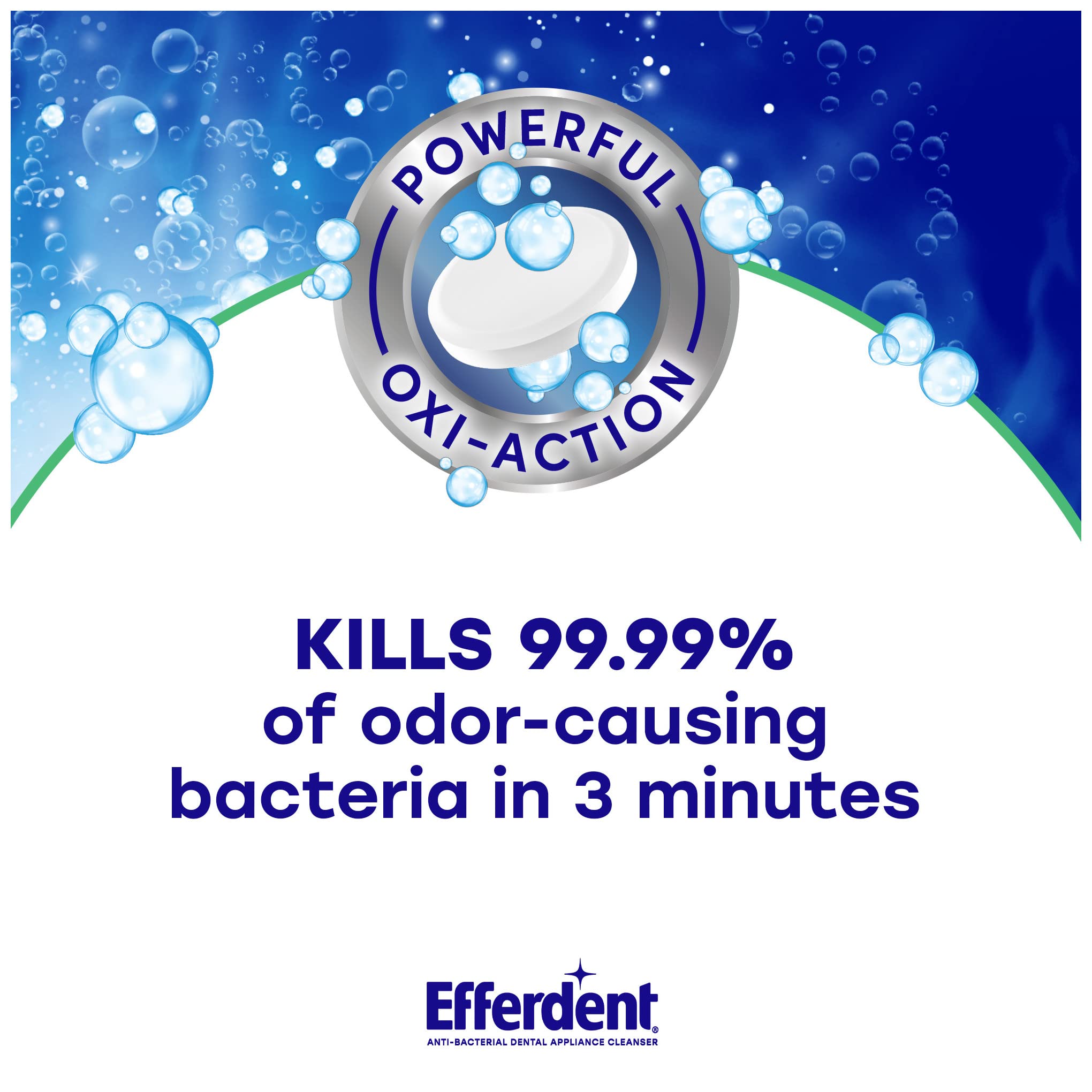 Efferdent denture cleaner bath cleans dentures in a refreshing minty solution.