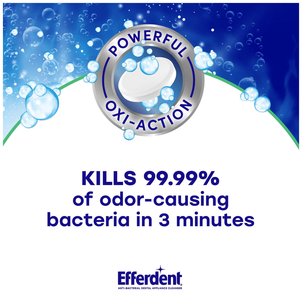 Efferdent denture cleaner bath cleans dentures in a refreshing minty solution.
