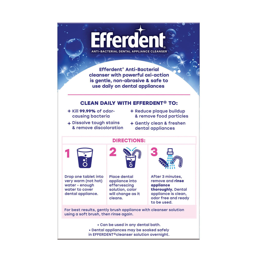 Efferdent tablets soaking in warm water for appliance care.