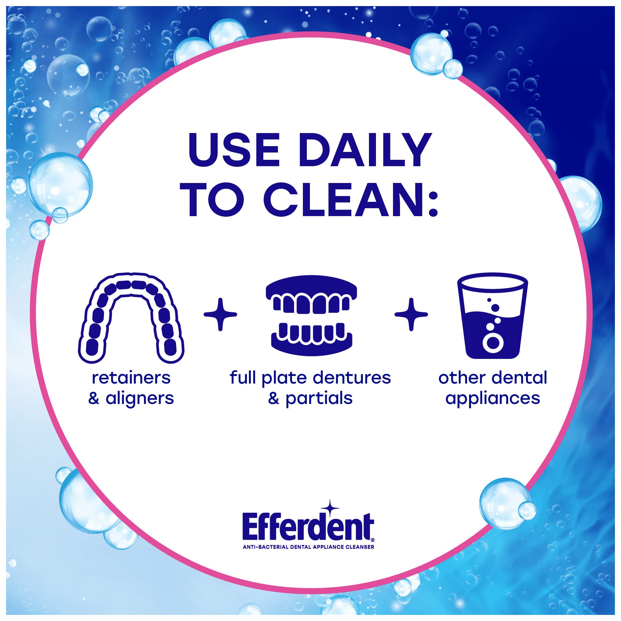 Efferdent odor-control tablet dissolving to reduce odor-causing bacteria in minutes.