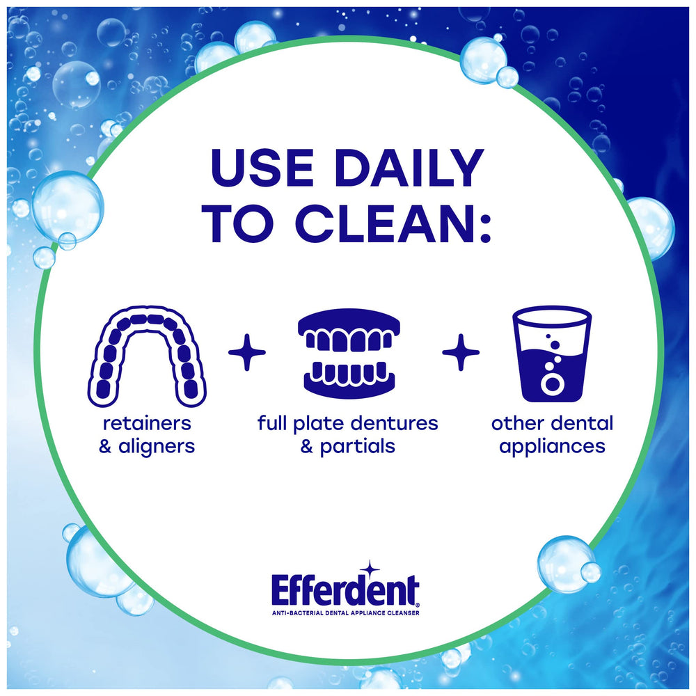 Efferdent retainer cleaner tablet removes buildup for a comfortable, clean mouth.