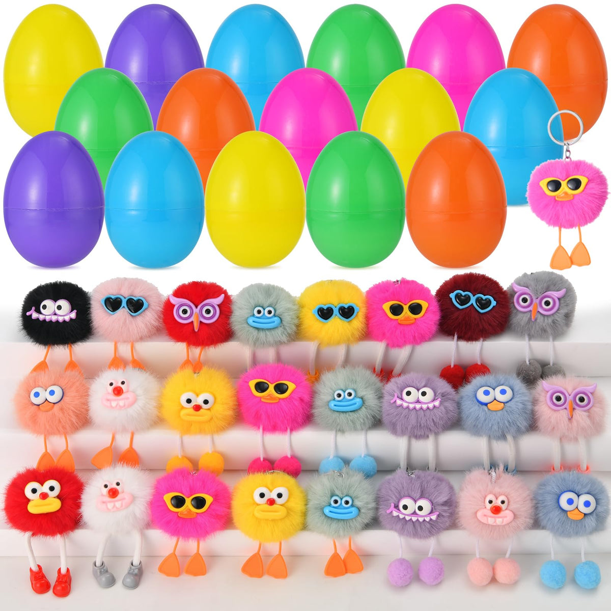 EFLSJIO 24-pack Easter eggs with plush keychains, ideal for colorful egg hunts.