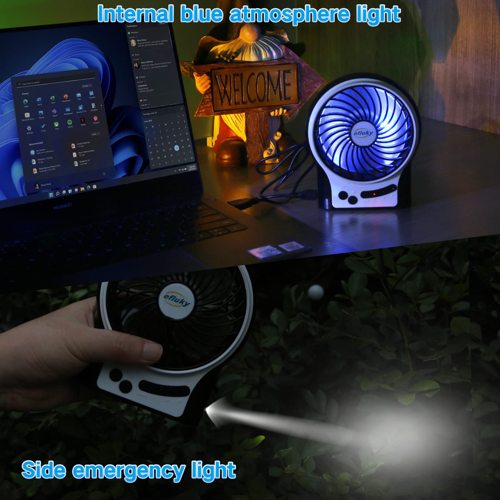 efluky 4.9-inch mini desk fan with USB and battery power for versatile use