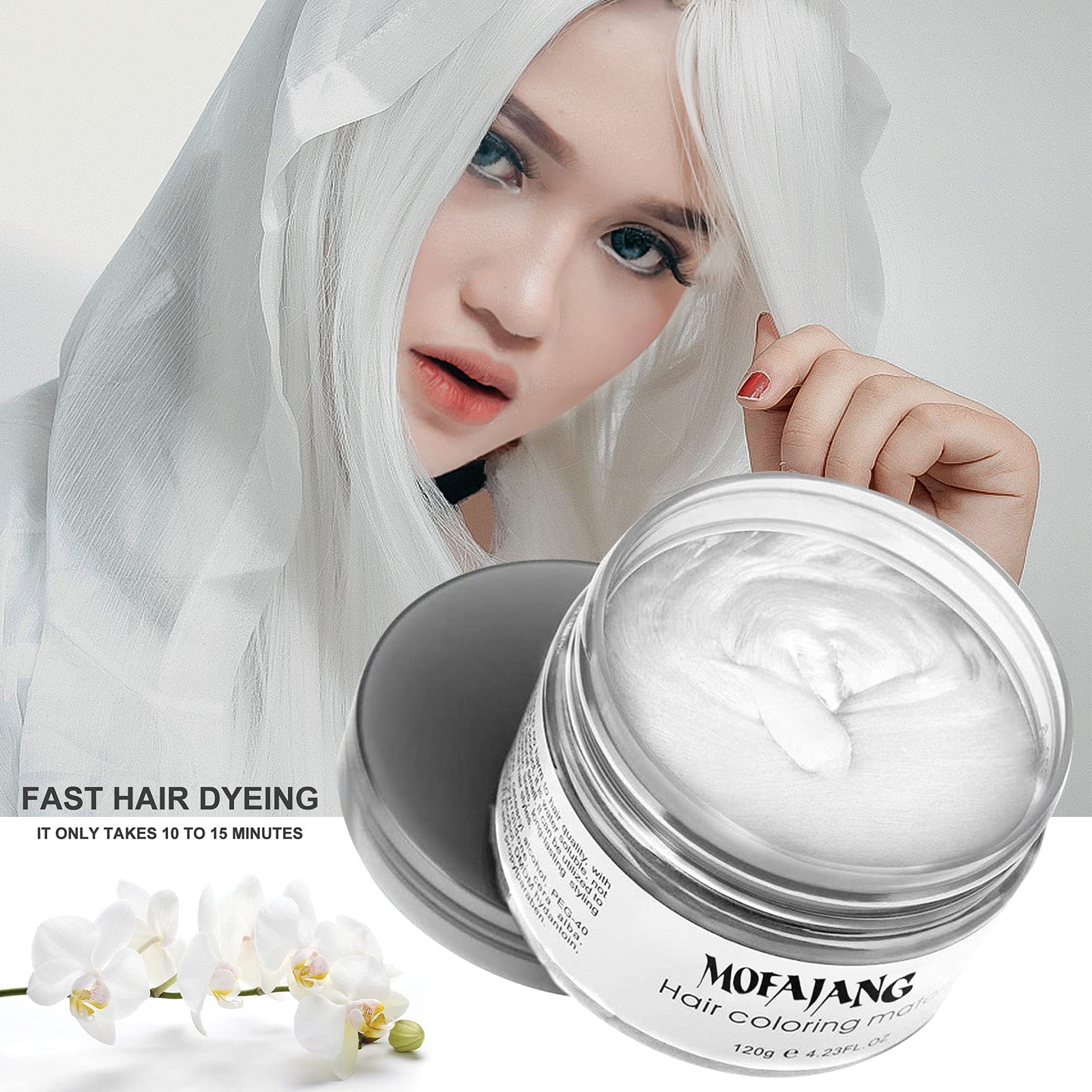 EFLY Hair Wax Color White before-after image highlights dramatic white color that washes out.