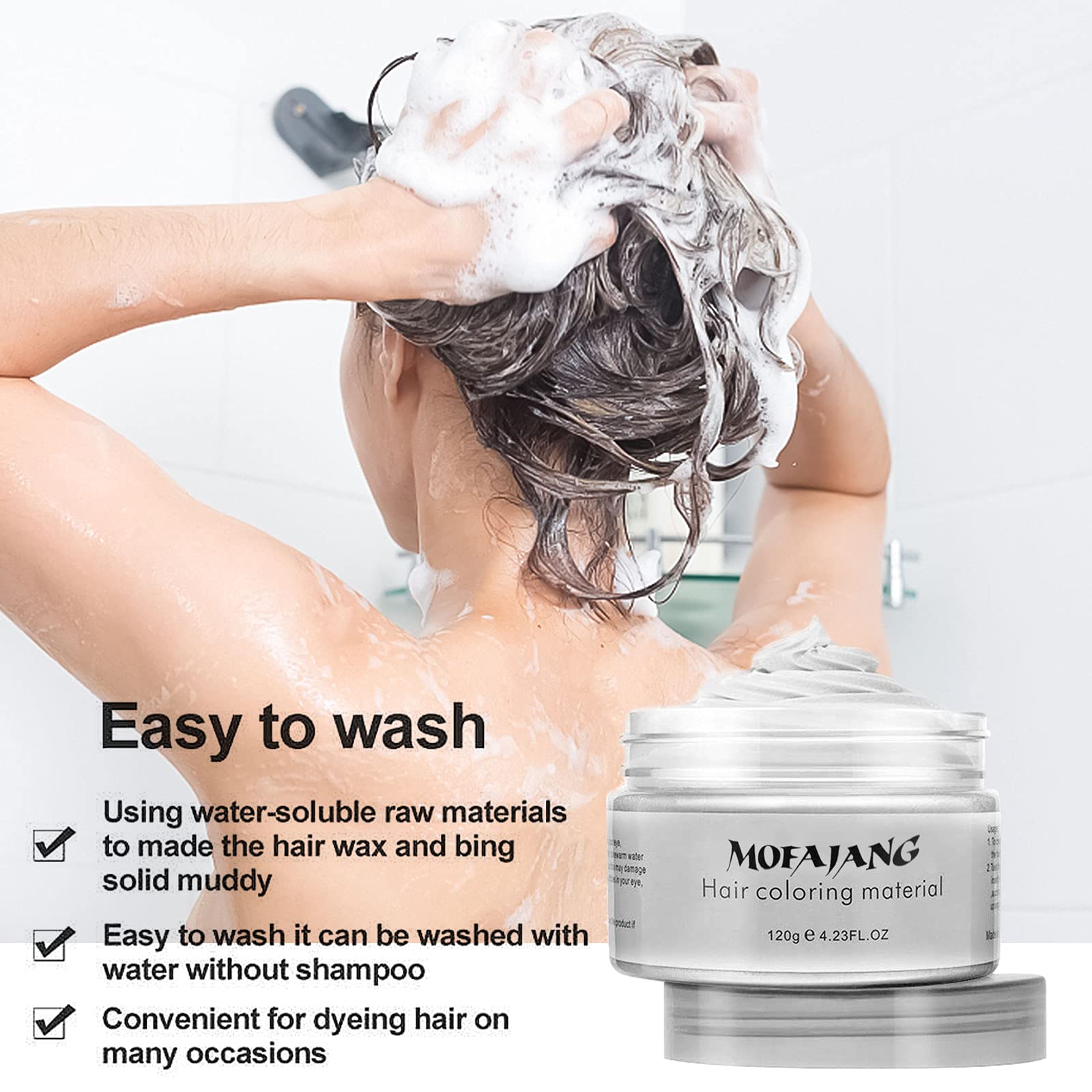 EFLY Hair Wax Color White washability emphasized by simple shampoo removal.