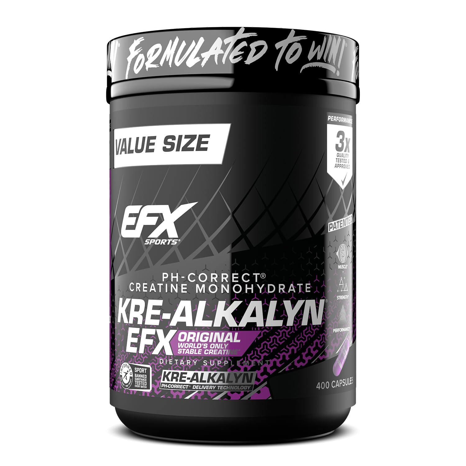 EFX Kre-Alkalyn EFX bottle front showing stable creatine for workouts