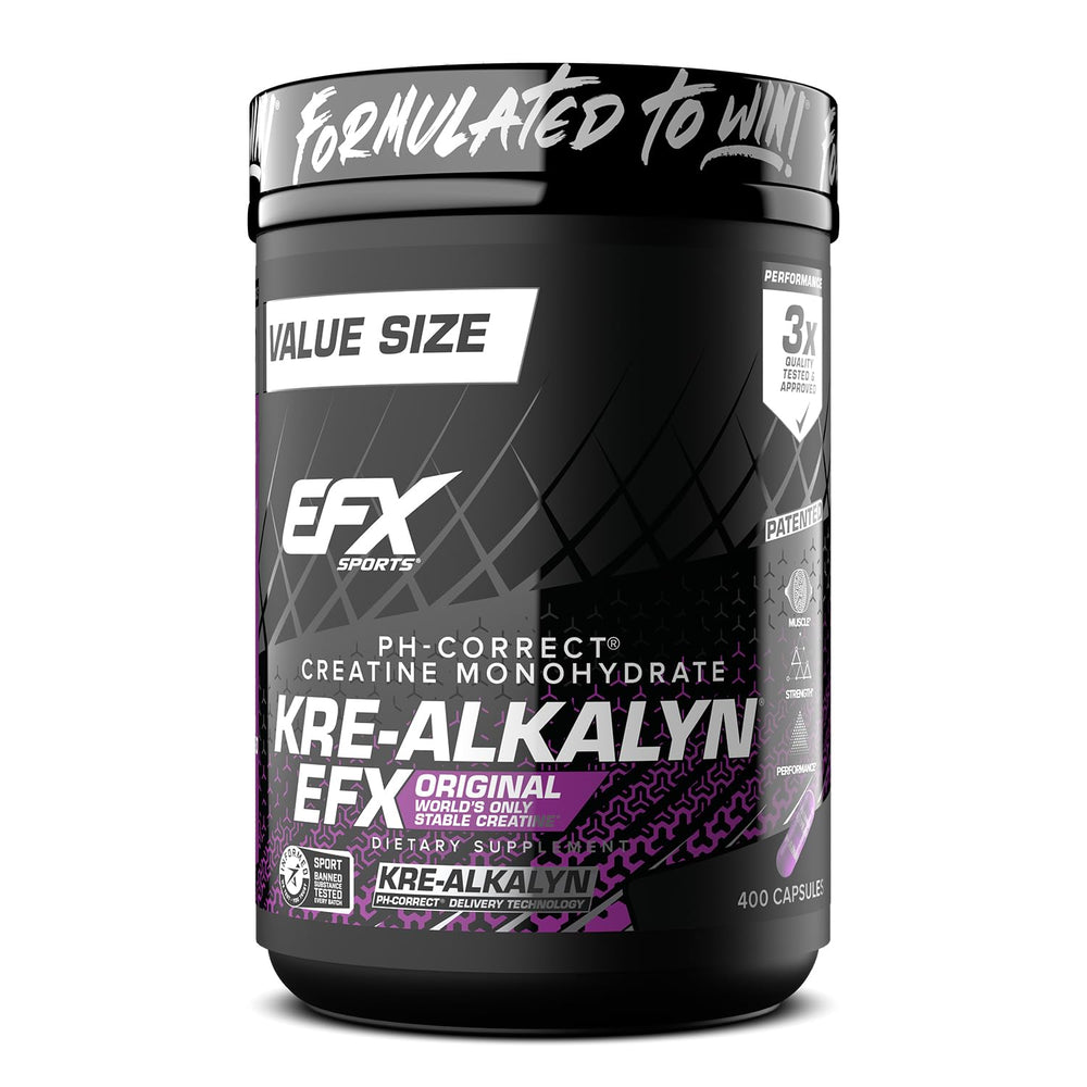 EFX Kre-Alkalyn EFX bottle front showing stable creatine for workouts