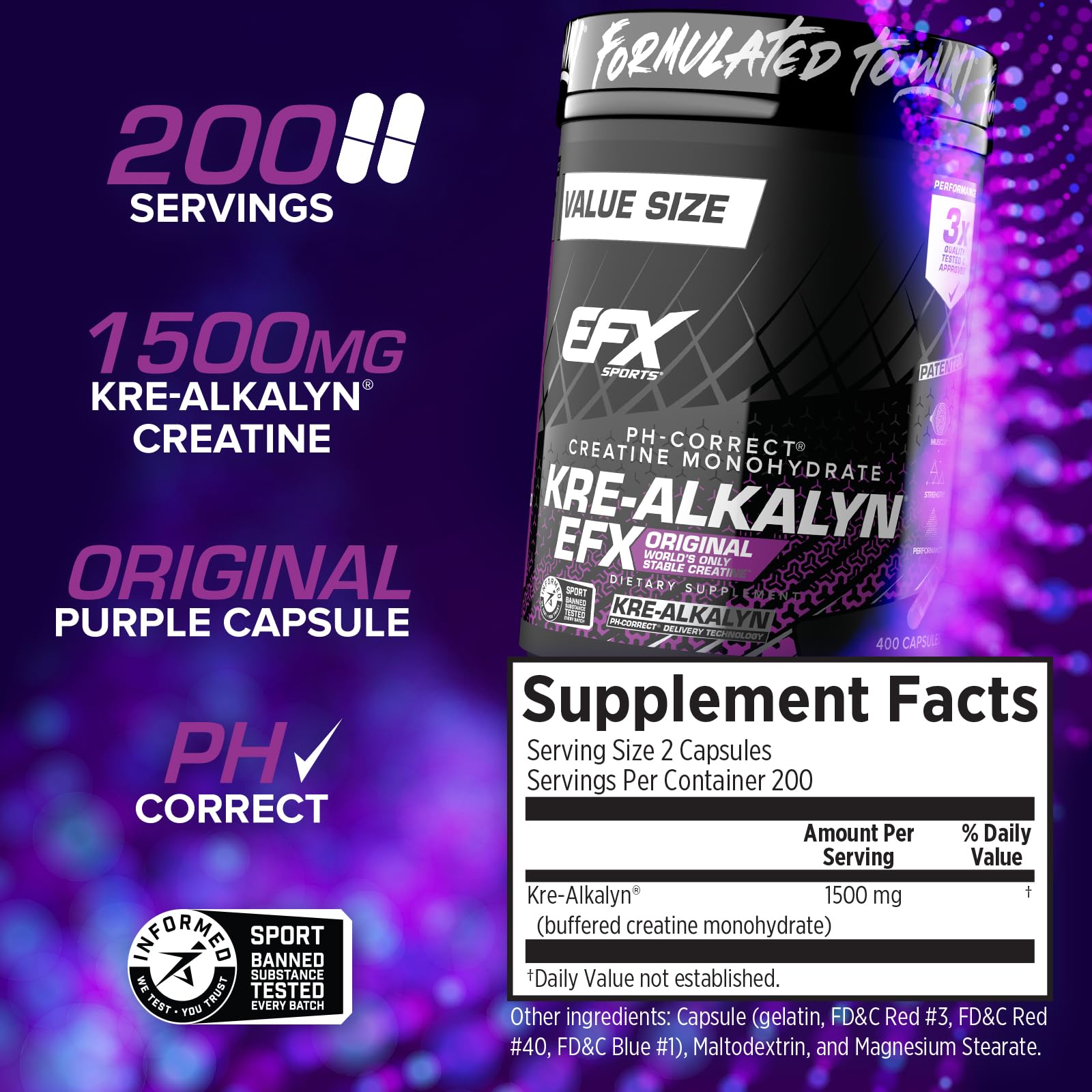 EFX Kre-Alkalyn EFX capsules close-up highlighting convenient pill format