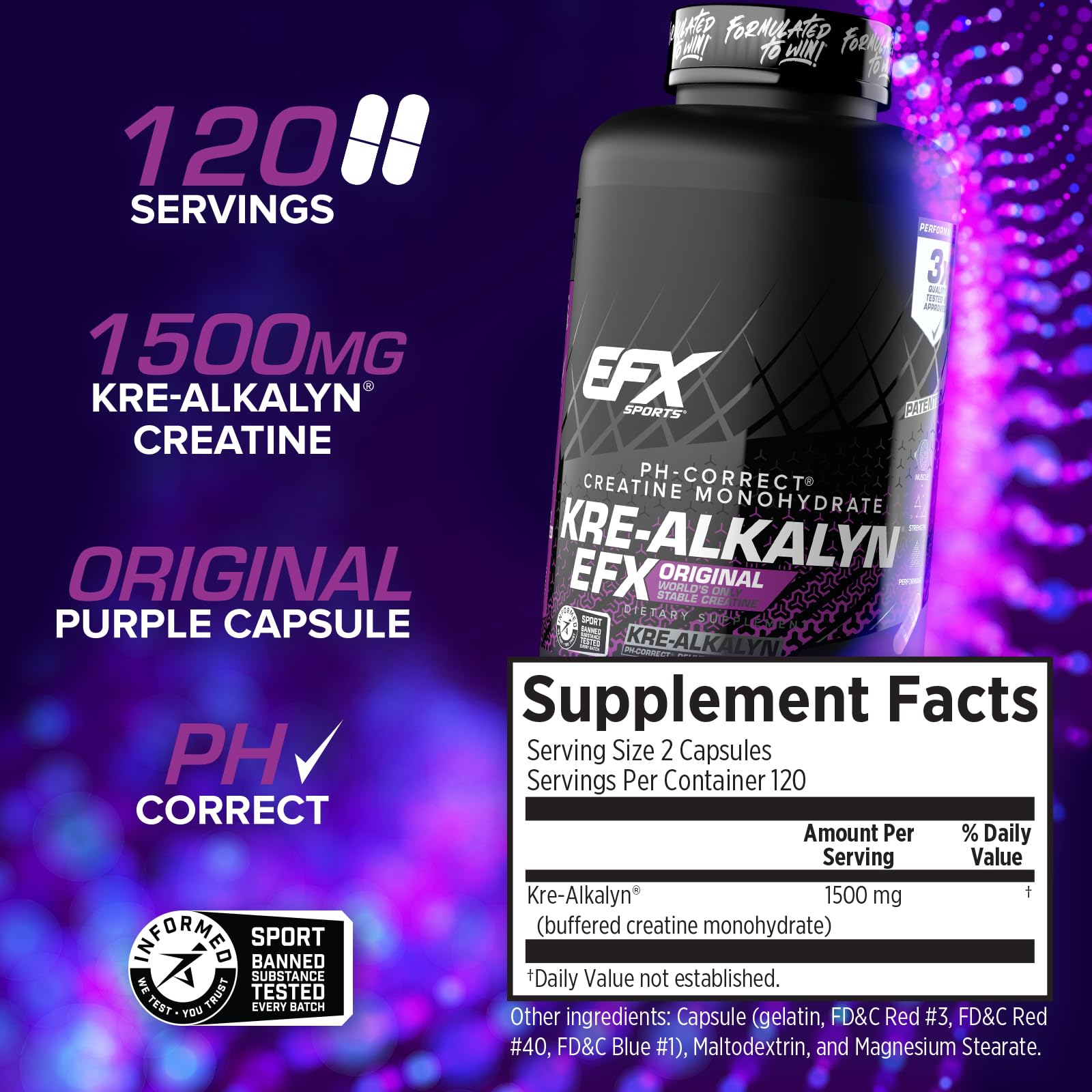 Label detail on Kre-Alkalyn EFX highlighting pH-buffered formula