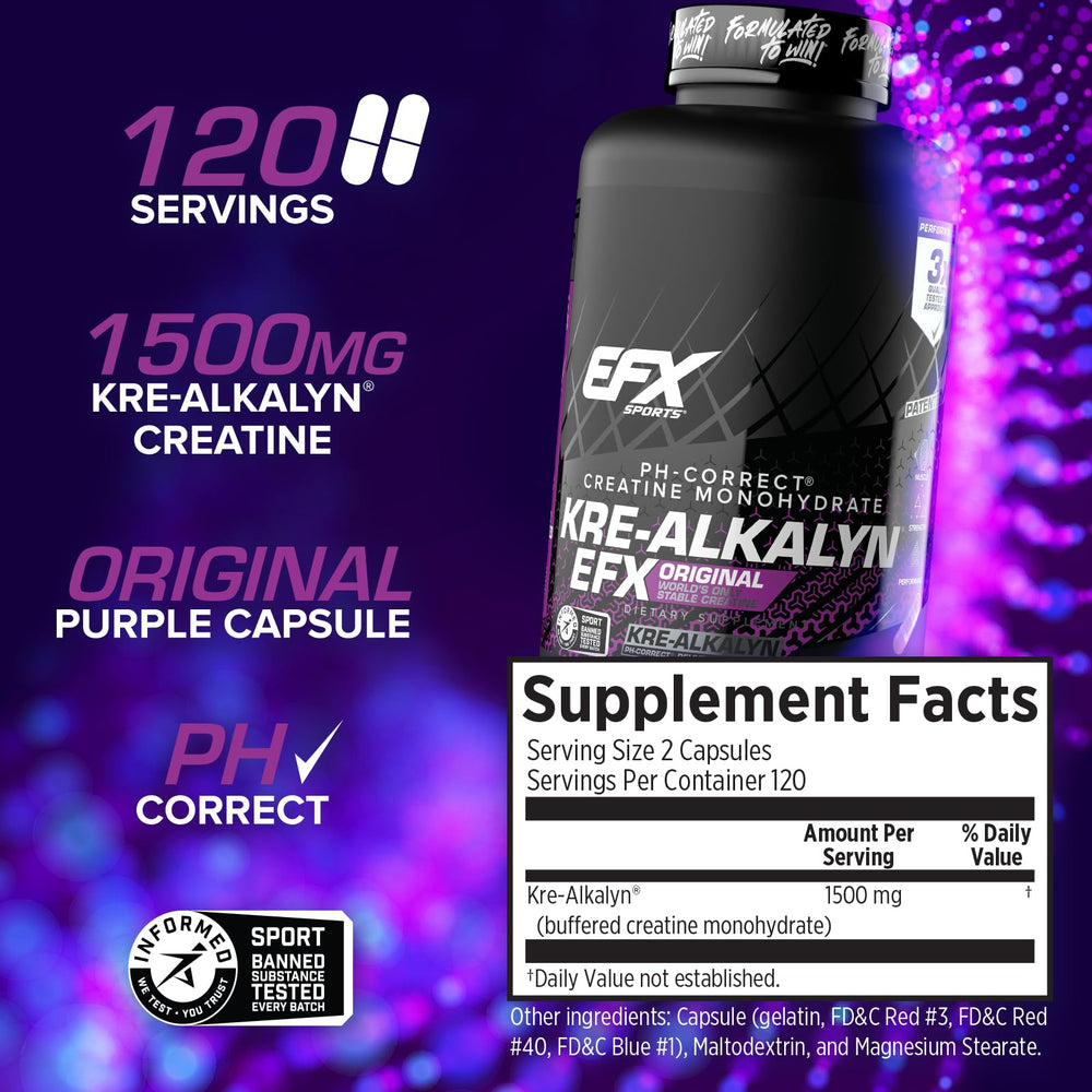 Label detail on Kre-Alkalyn EFX highlighting pH-buffered formula