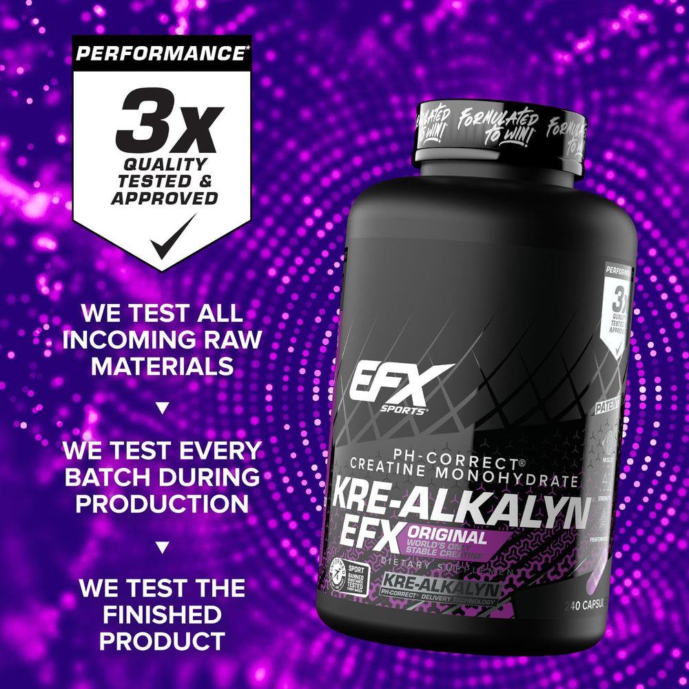 Pills dispensed from Kre-Alkalyn EFX bottle for quick use