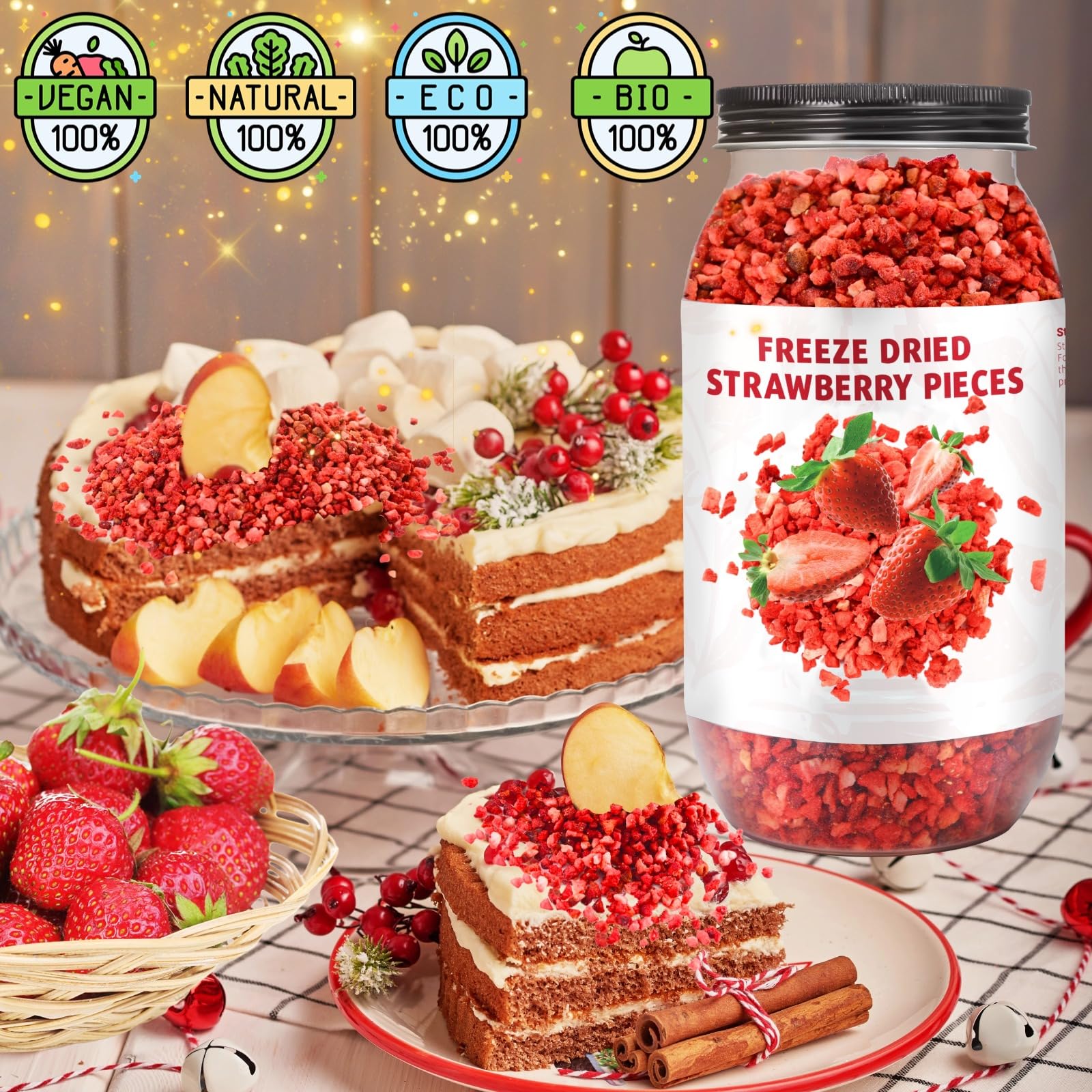 Close-up of Egcina freeze-dried strawberries pieces showing vibrant color