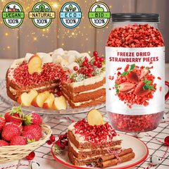 Close-up of Egcina freeze-dried strawberries pieces showing vibrant color