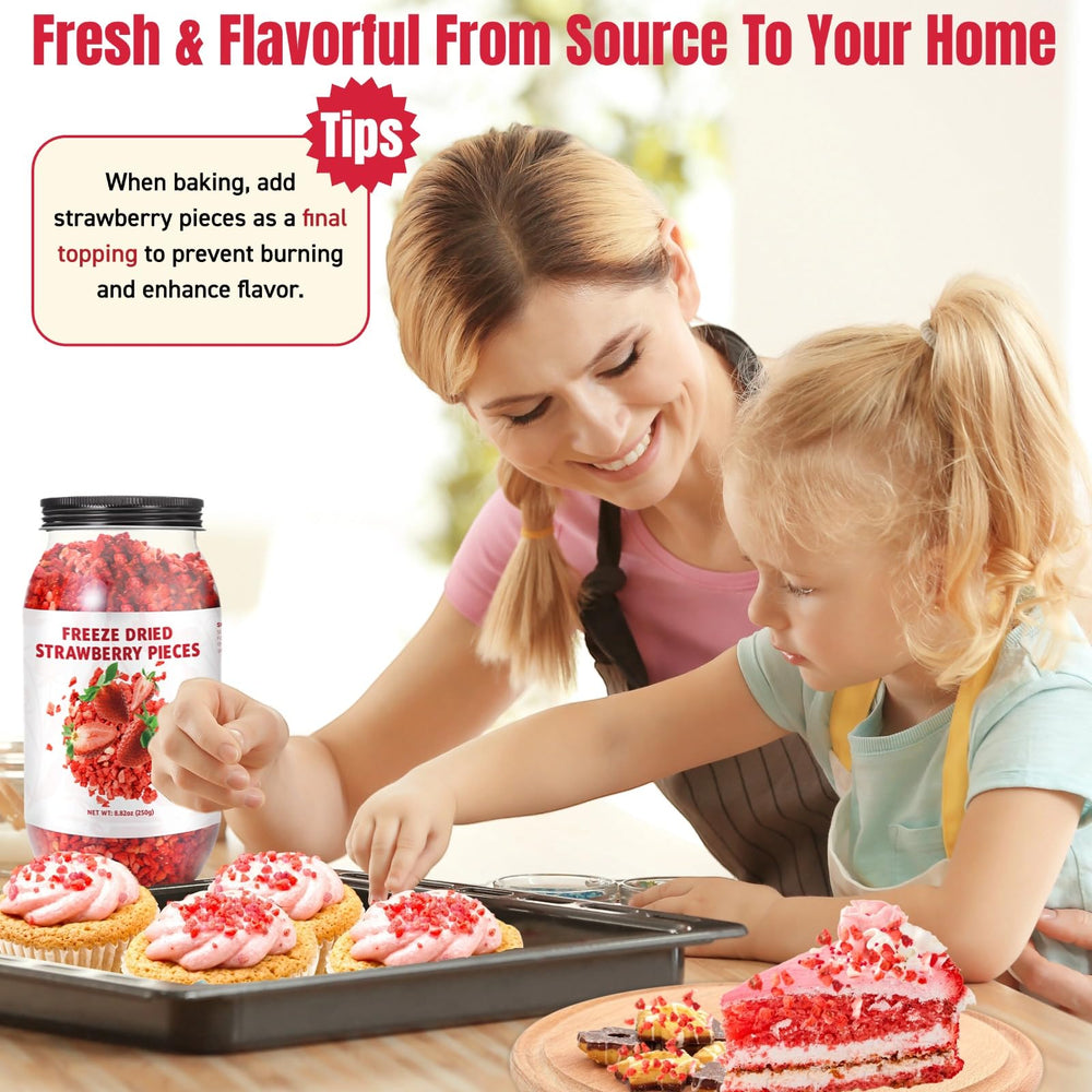 Egcina freeze-dried strawberries pieces in a bowl with milk