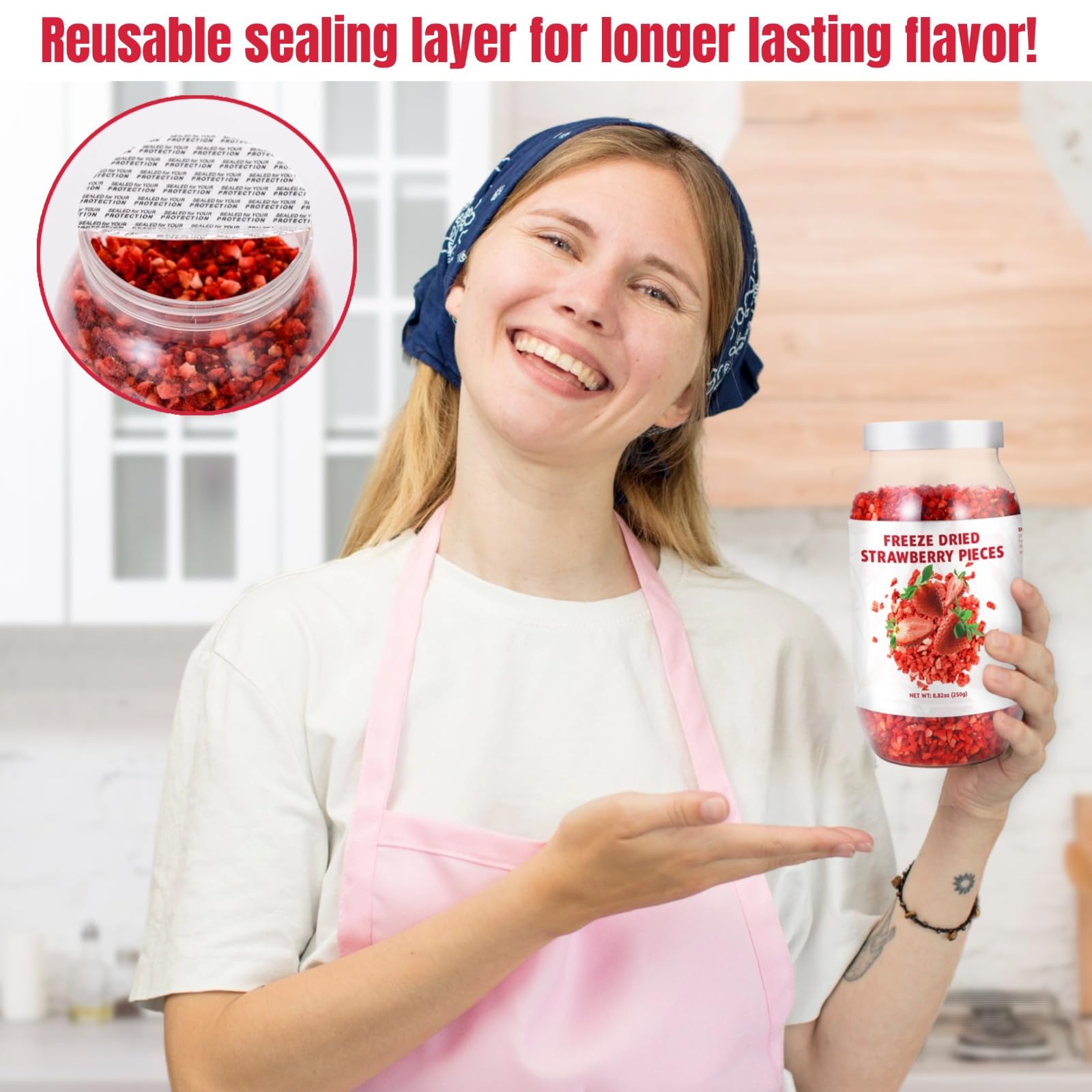 Refrigerated Egcina container preserving crisp texture of strawberry pieces