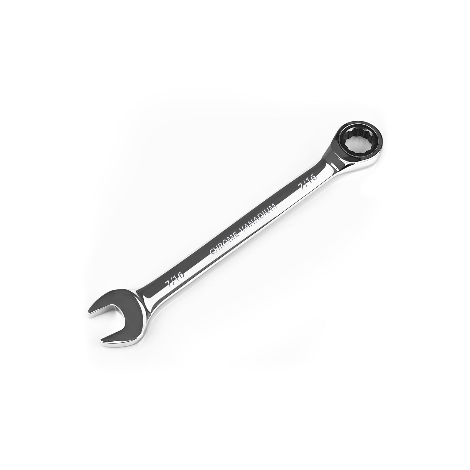 Egofine 7/16 ratcheting wrench close-up showing 72-tooth gear for tight spots