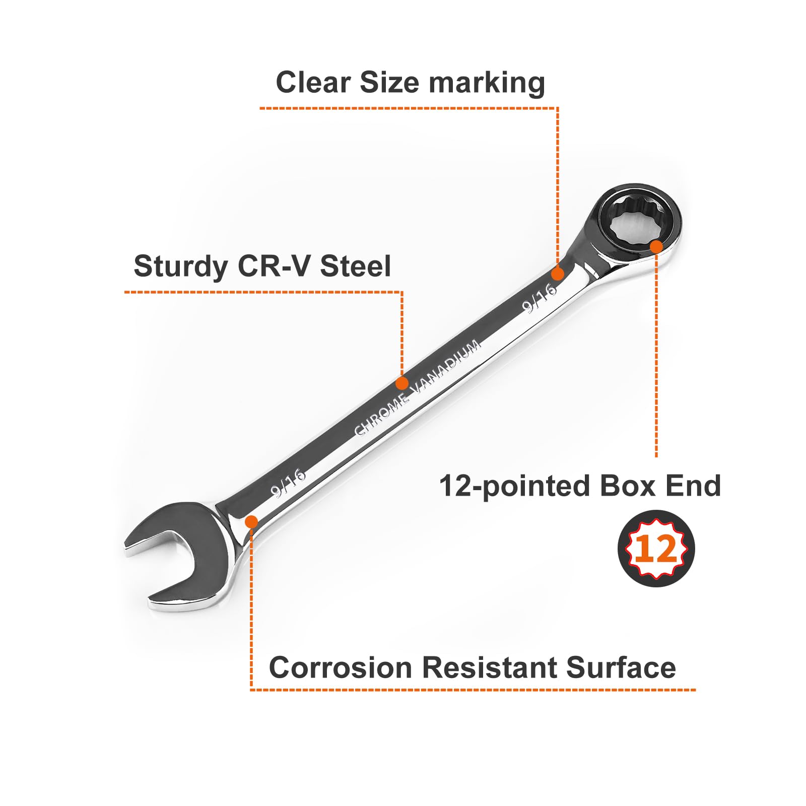 Egofine 9/16-inch ratcheting wrench highlighting 72-tooth action for quick tightening.