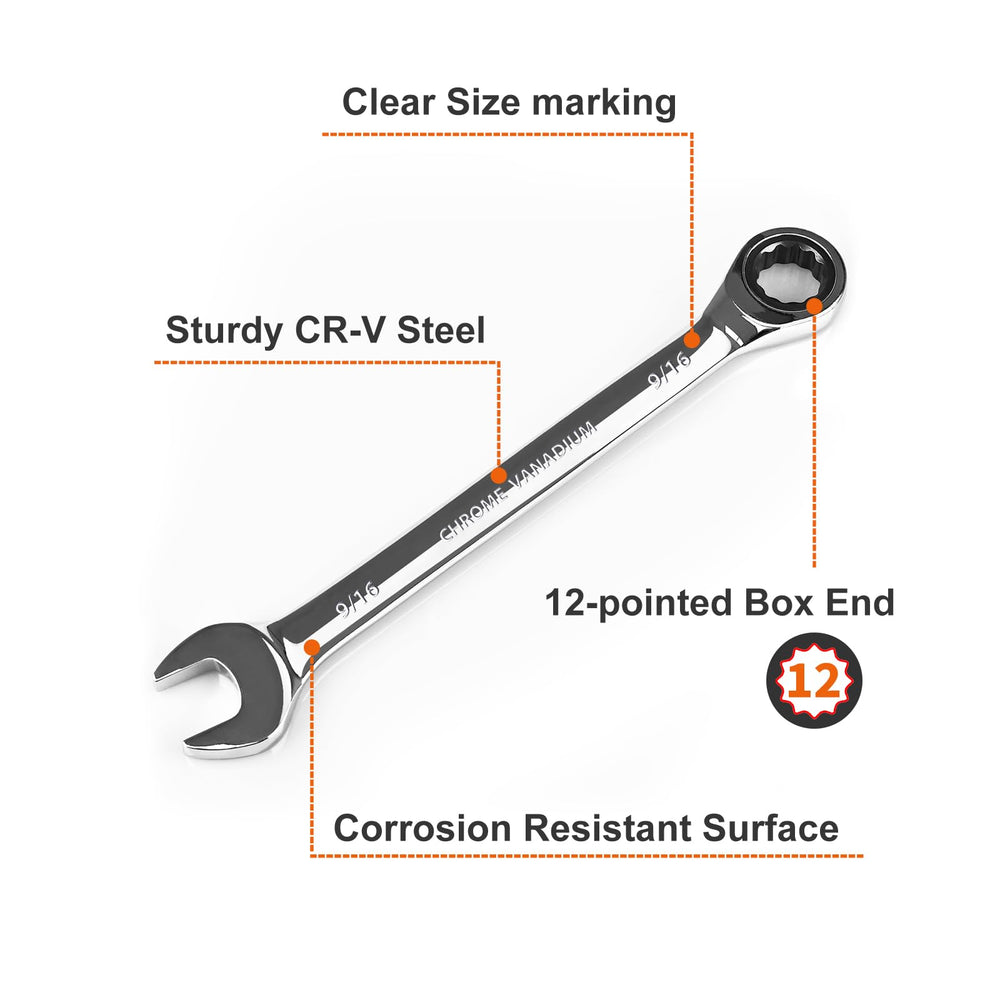 Egofine 9/16-inch ratcheting wrench highlighting 72-tooth action for quick tightening.