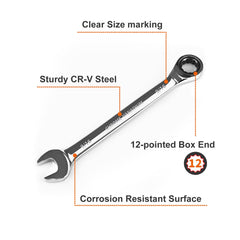 Egofine 9/16-inch ratcheting wrench highlighting 72-tooth action for quick tightening.