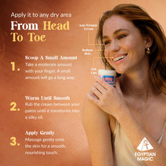 Egyptian Magic ingredients honey royal jelly beeswax highlight nourishing components.