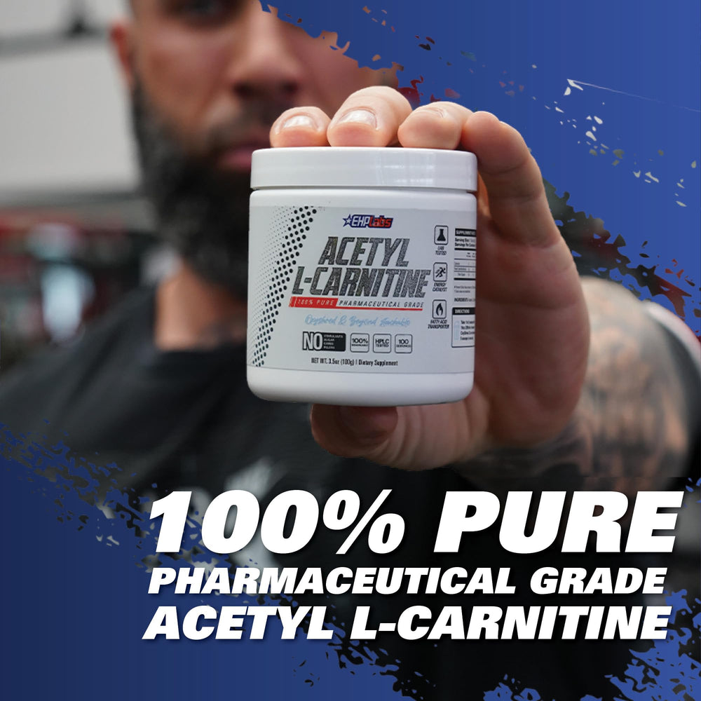 EHP Labs Acetyl L Carnitine powder with brain-themed scene suggesting cognitive support